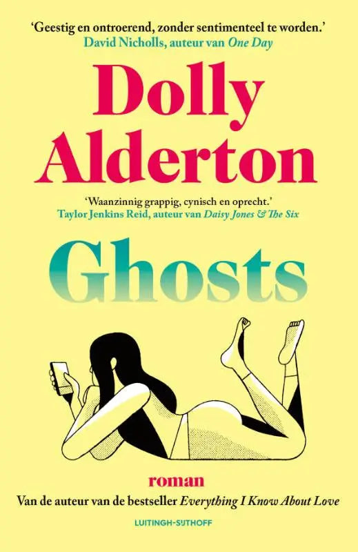 Gele boekcover van de vertaalde literaire roman ghosts door dolly alderton met illustratie van vrouw met telefoon