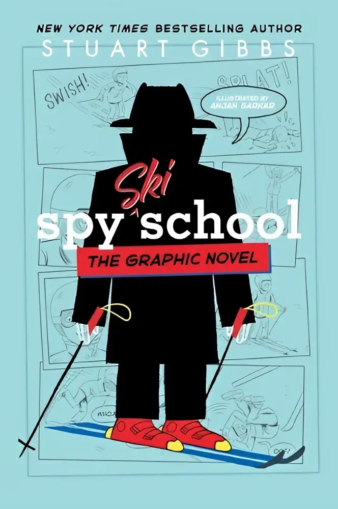 Black silhouette of a ski spy with red boots holding skis on the cover of ski spy school the graphic novel by stuart gibbs