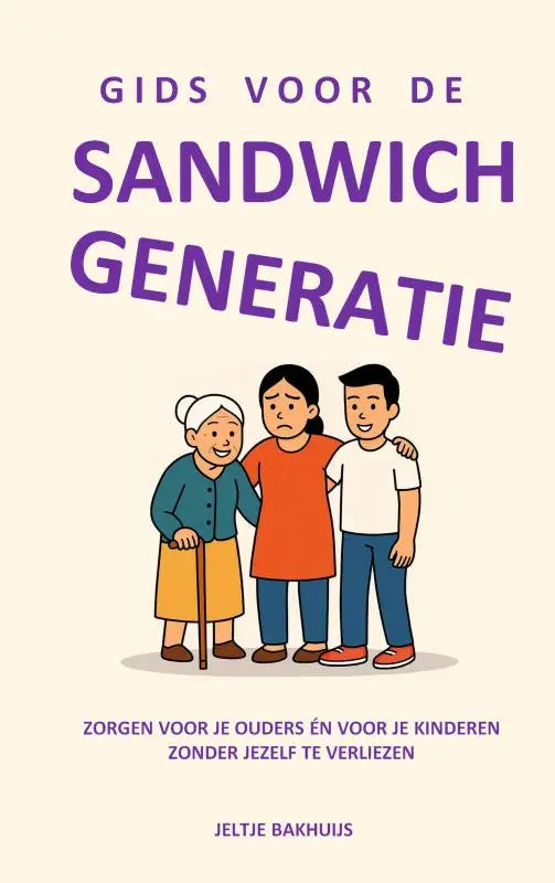 Creamkleurige omslag gids voor de sandwichgeneratie met paarse tekst en illustratie van drie generaties voor jonge lezers
