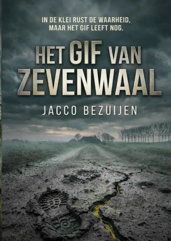 Het boekcover van het gif van zevenwaal toont een donkere klei rust landschap met gif leeft onder stormachtige luchten