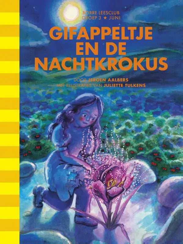 Vrolijke kinderboekcover van gifappeltje en de nachtkrokus met een meisje in blauw knielend bij een gloeiende tulp