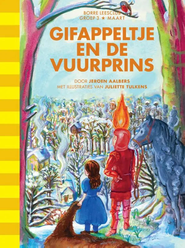 Vibrante geïllustreerde kinderboekcover gifappeltje en de vuurprins met rode en blauwe figuren in een sprookjesachtig bos voor jonge lezers