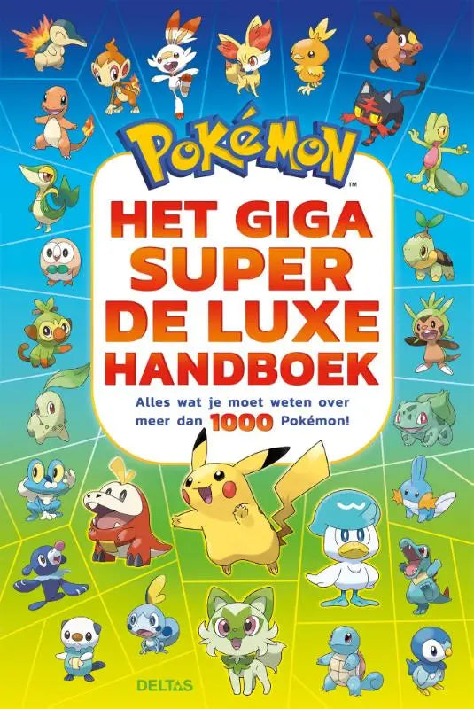 Cover van het luxe handboek het giga super de luxe handboek met kleurrijke pokémon en blauwe gele achtergrond