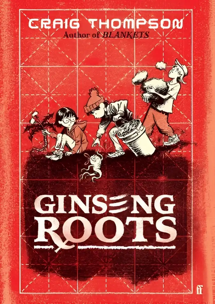 Rood boekomslag van graphic novel ginseng roots met zwart-wit illustraties en guardian graphic novel jaar titel