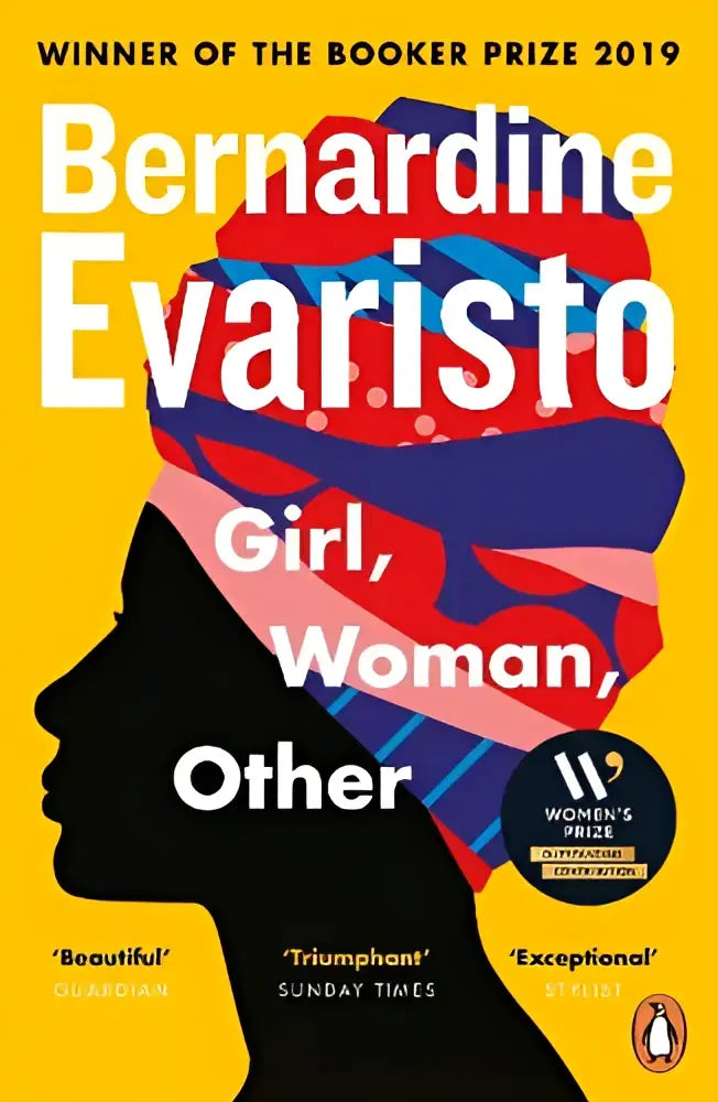 De book cover van girl woman other toont een zwarte vrouwenprofiel op gele achtergrond met abstracte hoofddoek voor de women’s prize