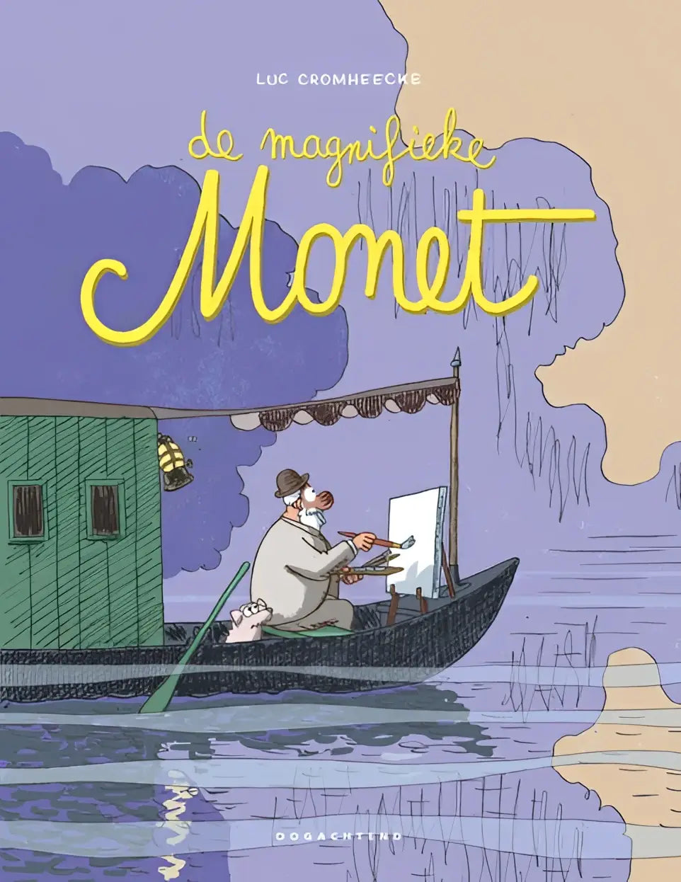 Gele cursieve titel de magnifique monet op paars en beige geïllustreerde boekomslag van product giverny