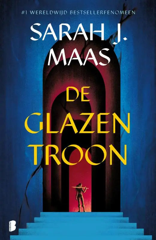 De glazen troon boek met opvallende illustratie van een boogdeur in diepblauw en rood en gele titel
