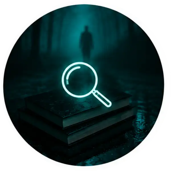 Een glinsterende neonvergrootglas ligt op een stapel donkere, gestructureerde boeken in een mistig bos.