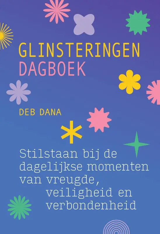 Glinsteringen-dagboek met een levendige blauwe kaft en kleurrijke bloemen en sterren voor dagelijkse momenten
