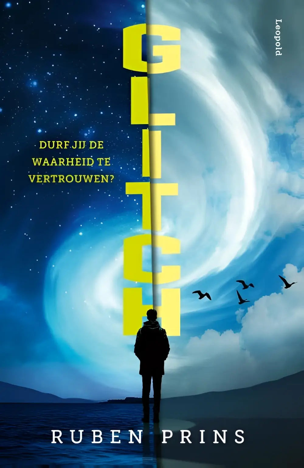 De nederlandstalige paperback glitch van ruben prins heeft een gele titel op een kosmische achtergrond voor jonge lezers