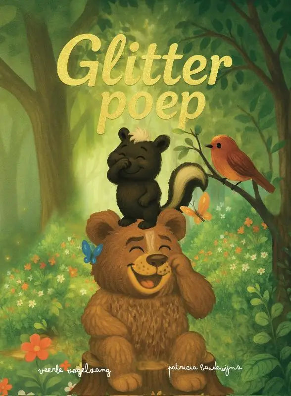De vrolijke bruine beer op de cover van het kinderboek glitterpoep zit op een boomstronk voor jonge lezers