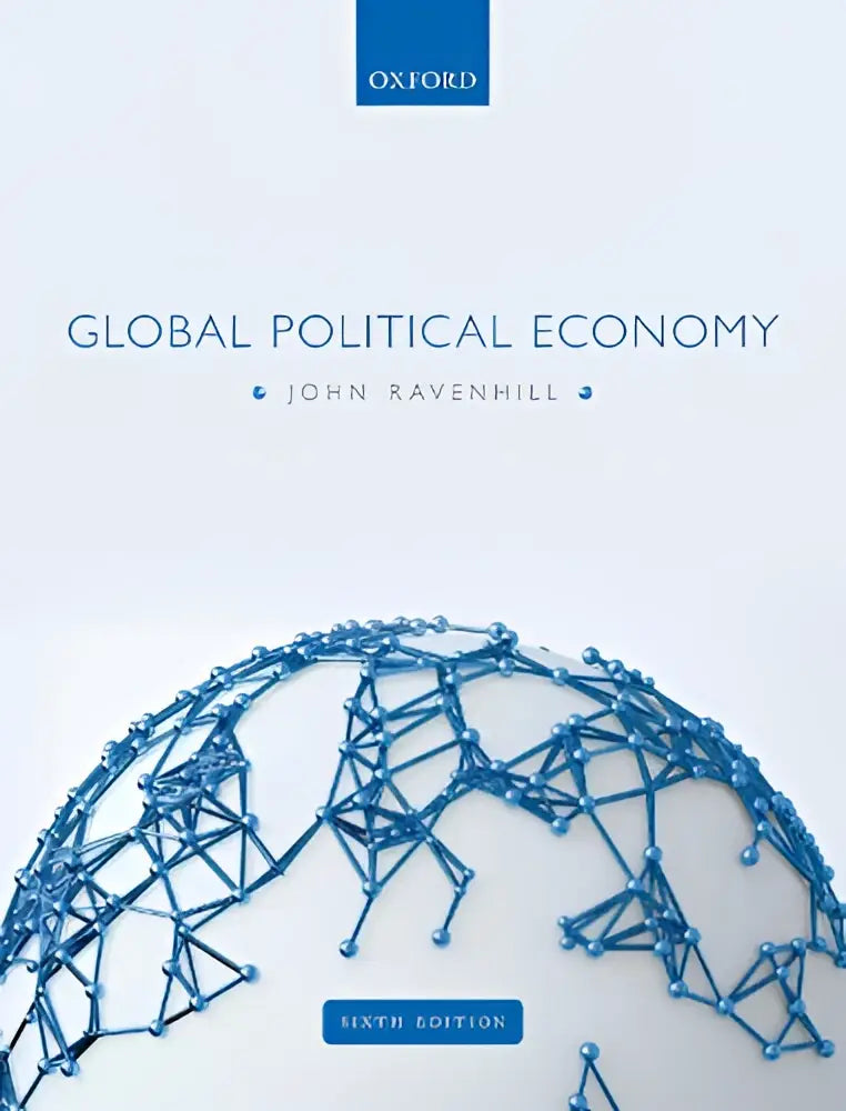 Blauw geometrisch globe ontwerp op witte achtergrond met oxford university press logo en titel global political economy door john ravenhill