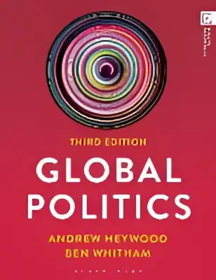De boekenhoes van global politics door andrew heywood toont de titel in witte letters met een kleurrijk cirkelontwerp