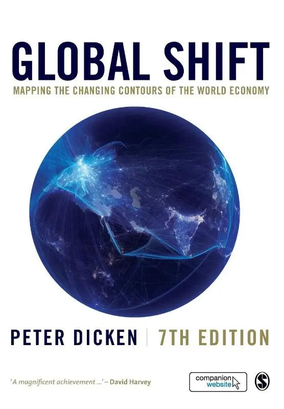 Blauwe globe grafiek op witte achtergrond met verlichte wereldwijde netwerken voor global shift en economische globalisering