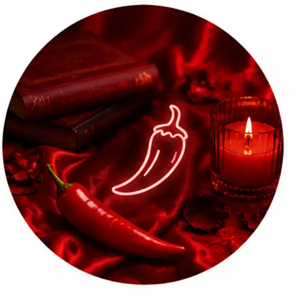 Een gloedvolle neon-paprika-outline rust op een rijke rode satijnen ondergrond naast een brandende kaars en boeken.