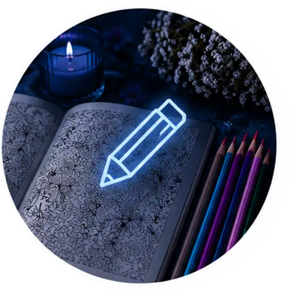 Een gloeiend blauw neon-potloodpictogram zweeft boven een open volwassen kleurboek met ingewikkelde zwarte lijntekeningen.