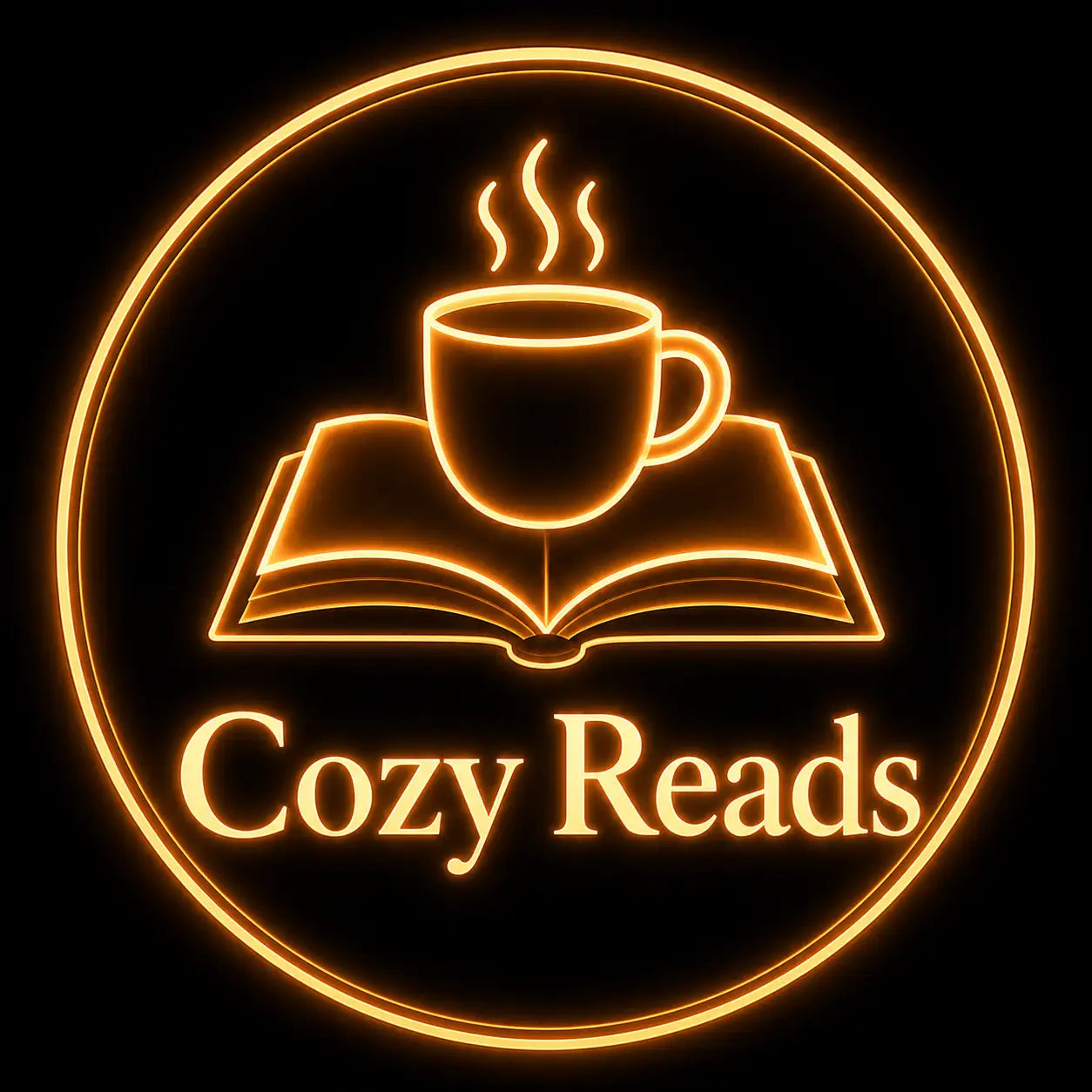 Gloeiend neonkleurig logo met een stoomkop koffie die op een open boek rust, omringd door een warme gouden ring met de tekst ’cozy reads’ eronder.