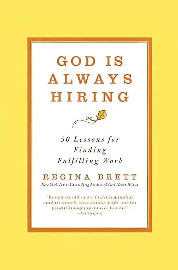 Boekcover van god is always hiring met titel in warme bruine letters op witte achtergrond en oranje rand