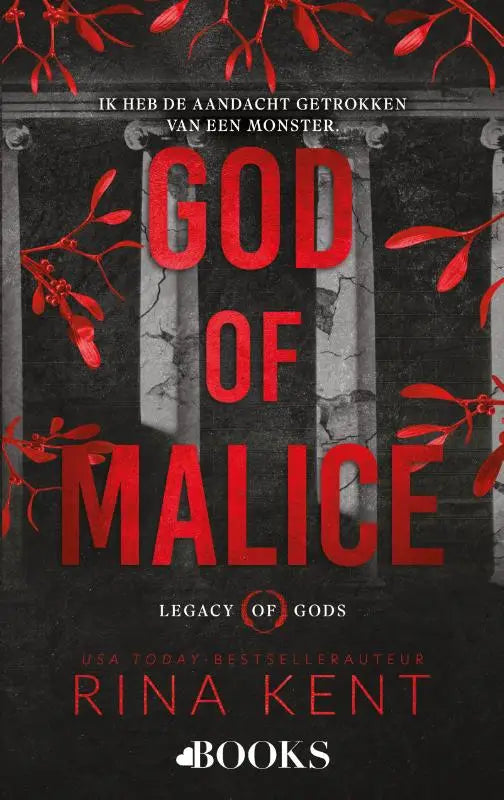 Rood boek god of malice van rina kent met gedurfde titel op donkere, gebarsten stenen zuil en rode mistel takken