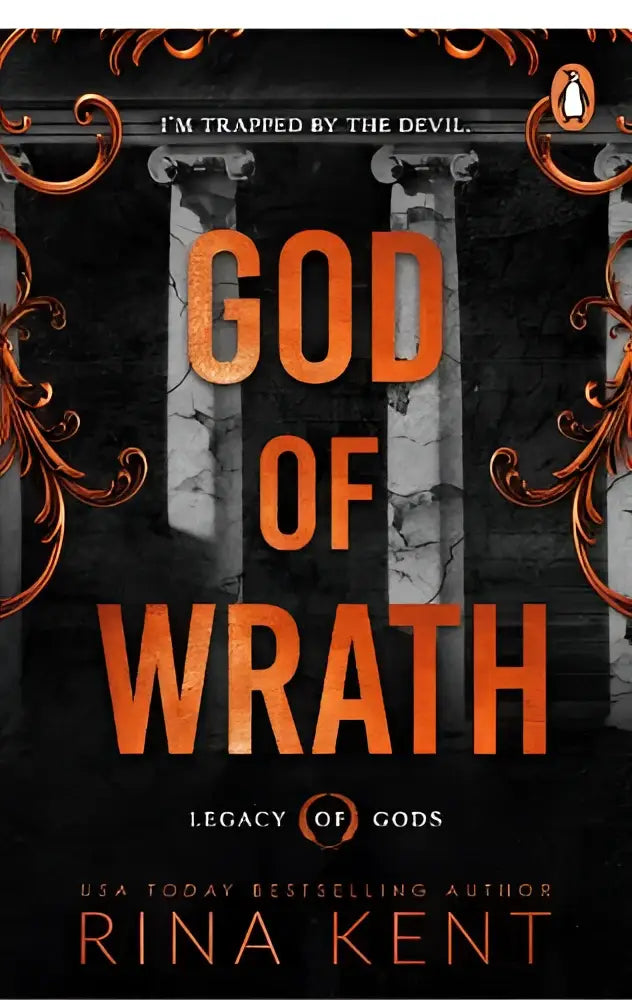 De boekcover van god of wrath toont de titel in oranje letters tegen een donkere achtergrond met gotische zuilen