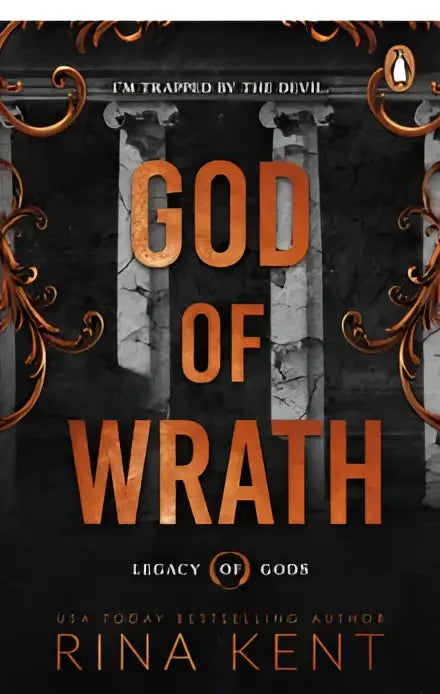 De omslag van het boek god of wrath van rina kent toont oranje titel op donkere achtergrond met goud en stenen zuilen, trigger warnings over the devil