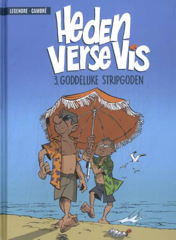 Oranje strandparasol met witte franjes passend bij goddelijke stripgoden en heden verse vis thema’s