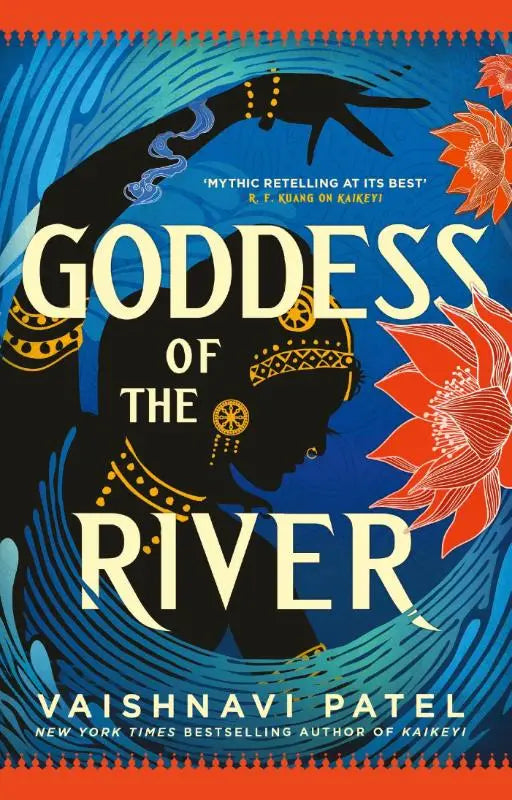 De boekcover van Goddess of the River toont een zwarte silhouet van een godin met gouden sieraden tegen een blauwe en oranje achtergrond