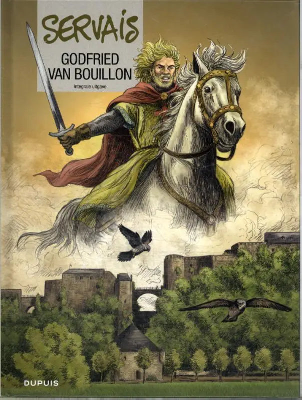 De cover van de graphic novel servais door jean-claude servais toont een ridder in groen en rood op een wit paard voor een gouden lucht