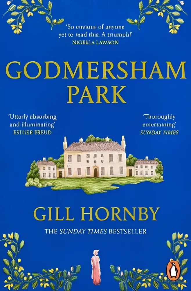 Blauwe hardcover boek godmersham park met gouden letters en illustratie van wit huis op de omslag