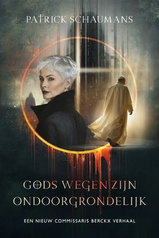 De boekcover van gods wegen toont een vrouw met zilver haar en donkere kleding in een oranje gloed voor een berckx thriller