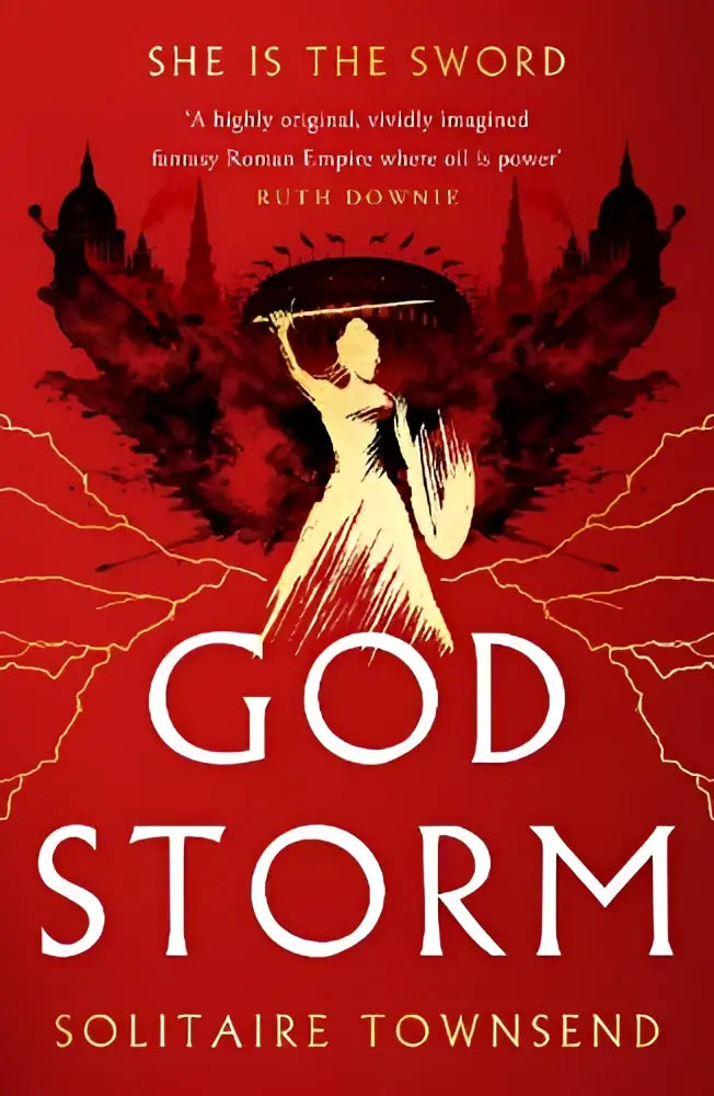 Rode omslag van het boek godstorm met een witte vrouwelijke silhouet en hoge octane originele fantasiethema