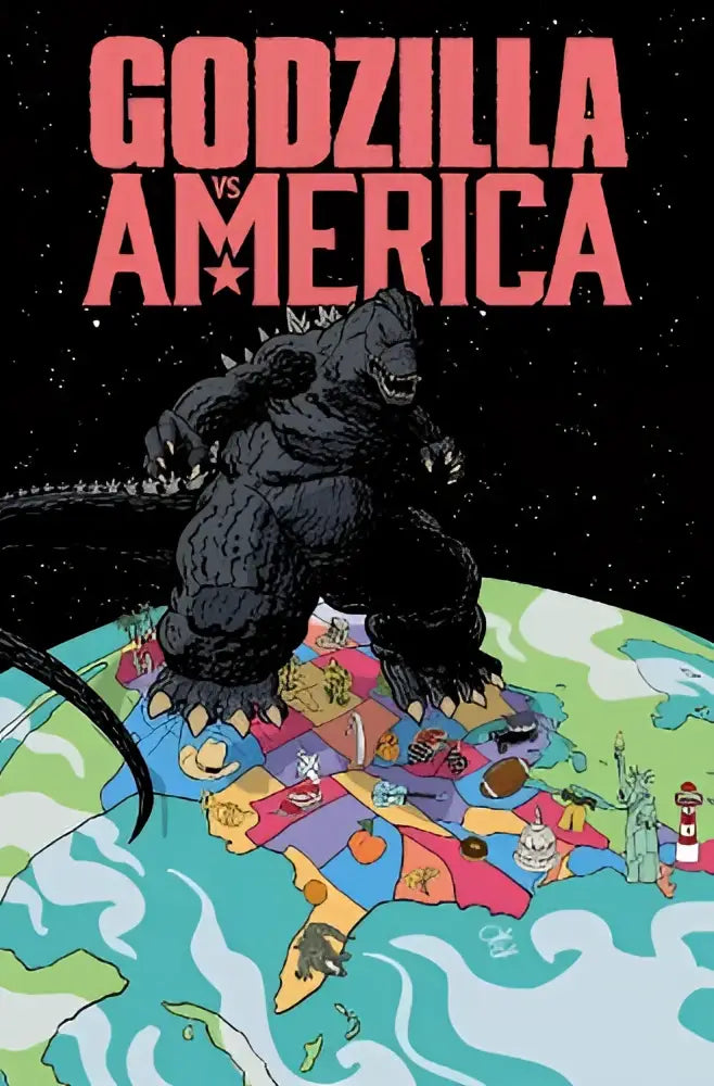 Zwarte godzilla staat op een kleurrijke cartoonkaart van de verenigde staten in godzilla vs america product