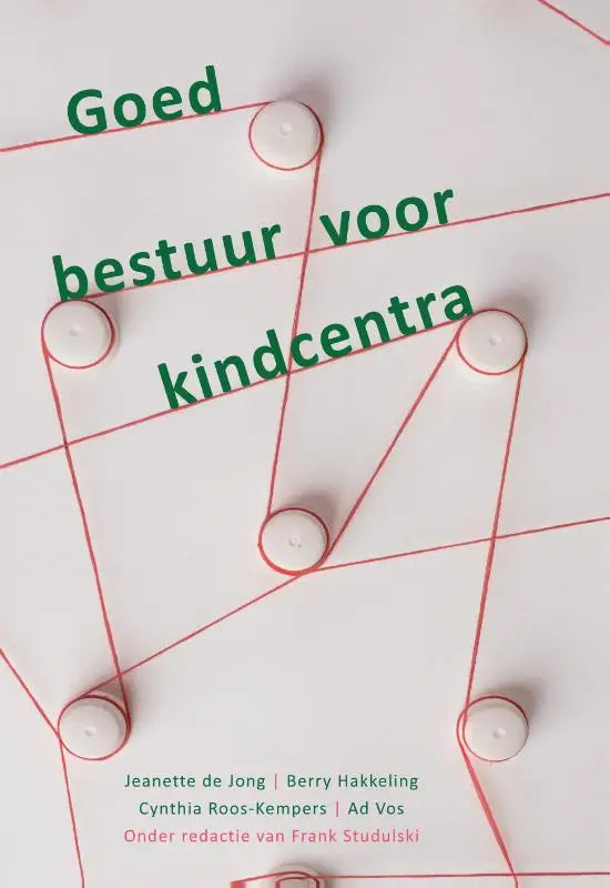 Wit plastic kralen verbonden met rode draden vormen een geometrisch patroon op de omslag van het boek goed bestuur voor kindcentra
