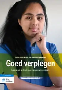 Vrouw in blauw gestreept shirt op cover van goed verplegen met ankana spekkink en bsl media branding