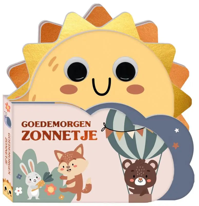 Goedemorgen zonnetje een vrolijk geel zonvormig kartonboek voor jonge lezers met lachend gezicht en dierenillustraties