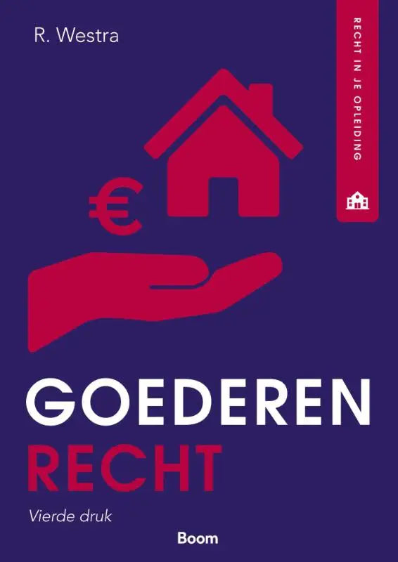 Rode graphic van een huis met euroteken bovenop op open hand op de cover van goederenrecht van koninklijke boom uitgevers