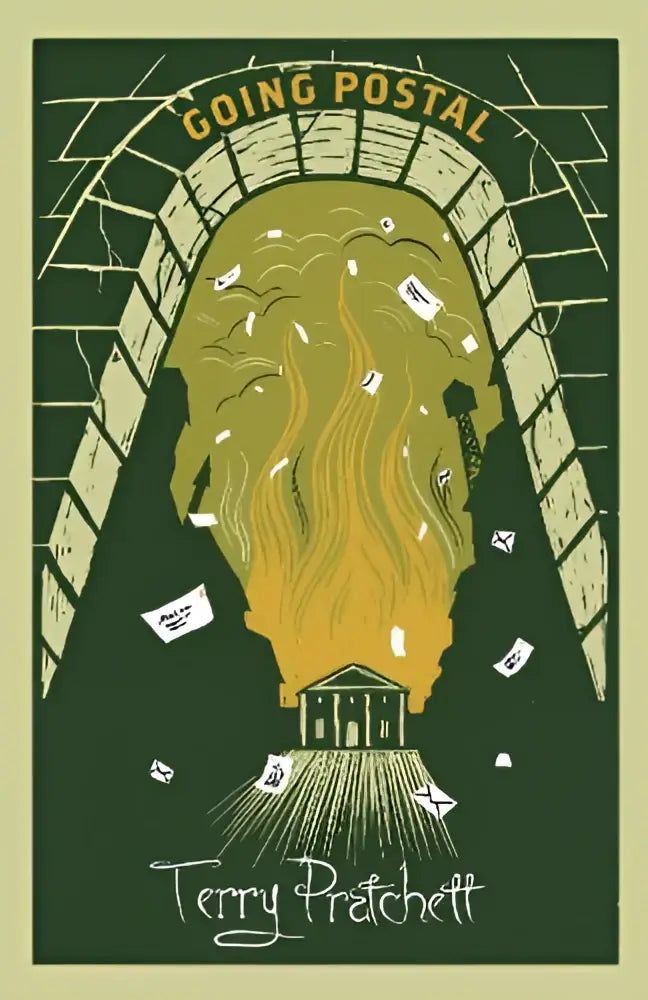 De cover van het discworld novel going postal toont een gestileerde boogvormige stenen tunnel met vliegende enveloppen