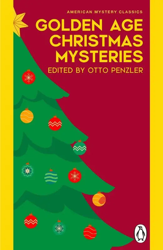 A vibrant red book cover of golden age christmas mysteries featuring a stylized green christmas tree edited by otto penzler