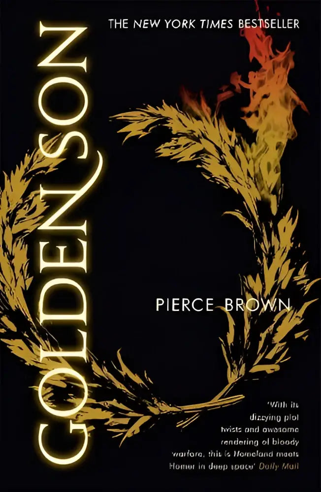 De boekcover toont goldenson in een gloeiend gouden serif lettertype met een ingewikkeld gouden tarweontwerp op een zwarte achtergrond voor de onuitputtelijke tweede boek in de wereldwijd bestverkochte dystopische sciencefictionserie red rising