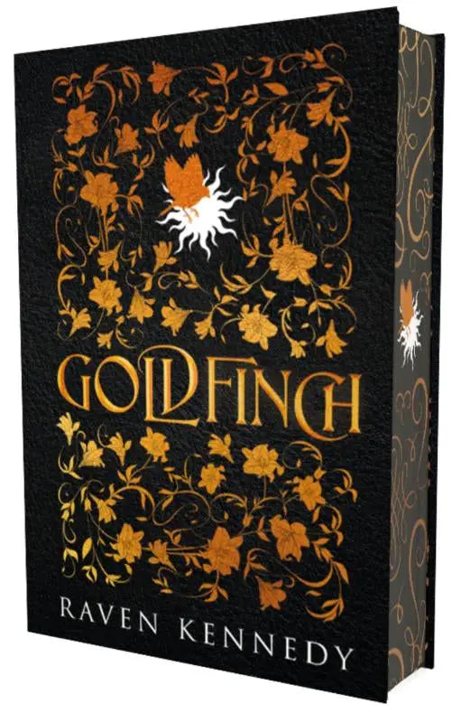 Zwarte hardcover boek gouden gevangene met goudfolie bloemenpatroon en gouden lettertype van raven kennedy goldfinch