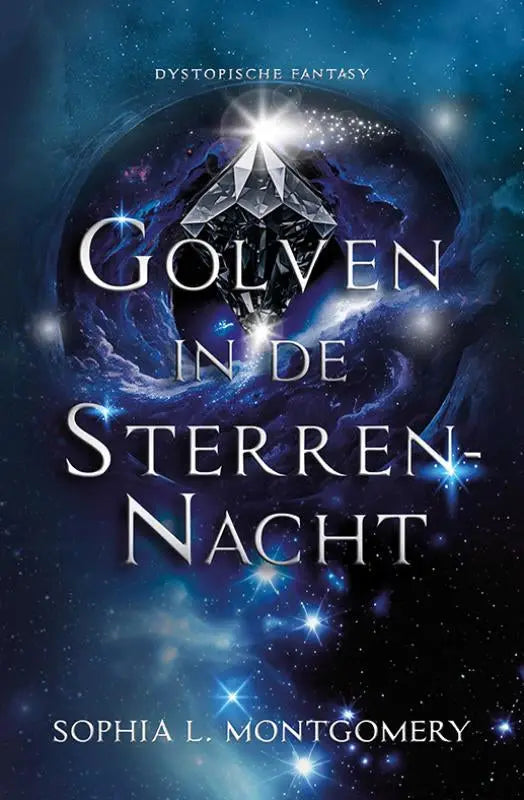 Een gloeiende, facettenrijke zwarte kristal gesuspendeerd in een kosmische blauwe nevel golven in de sterrennacht