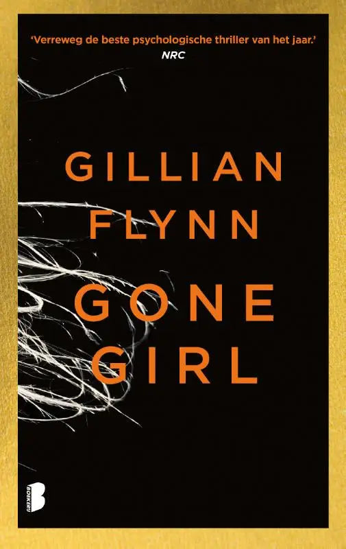 Black gone girl boekomslag met oranje tekst en witte haarachtige lijnen door gillian flynn