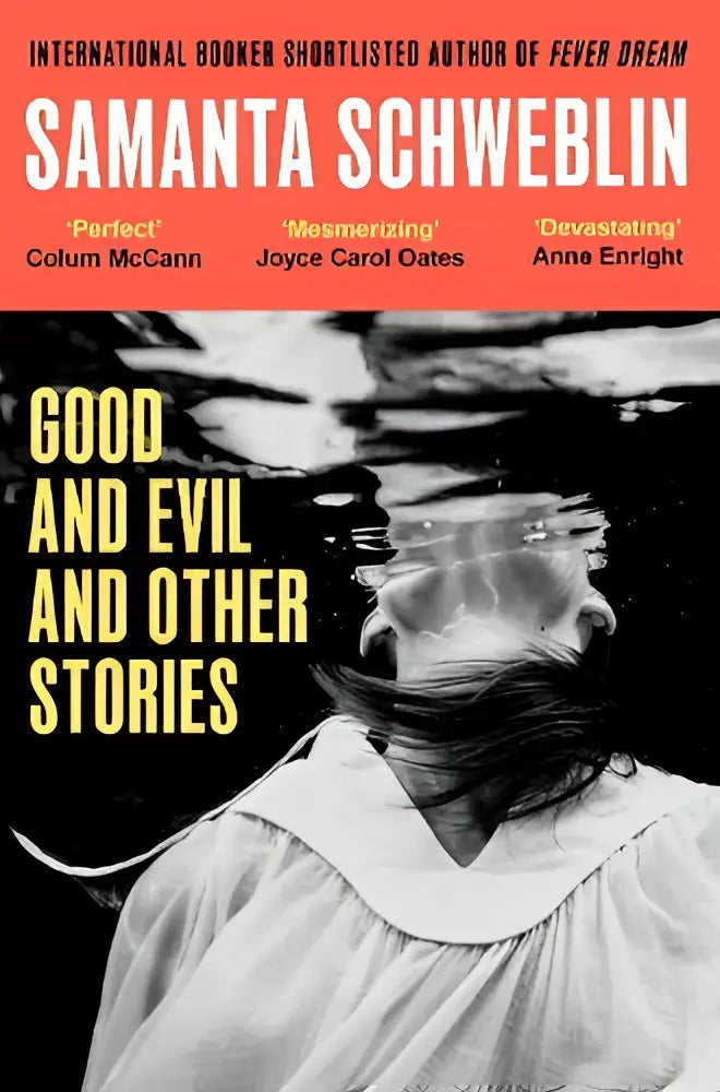 De boekcover van good and evil and other stories toont een zwart-witfoto van een persoon onder water met gele tekst