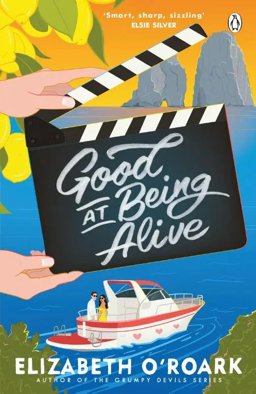 Illustratie van een zwarte filmklapper met witte tekst good at being alive en gestreepte rand gehouden door handen bij een boot over realistische relaties