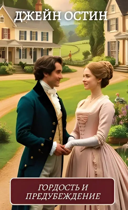 De boekomslag toont een romantische illustratie van een man en vrouw in 18e-eeuwse kleding met de titel trots en vooroordeel van jane austen