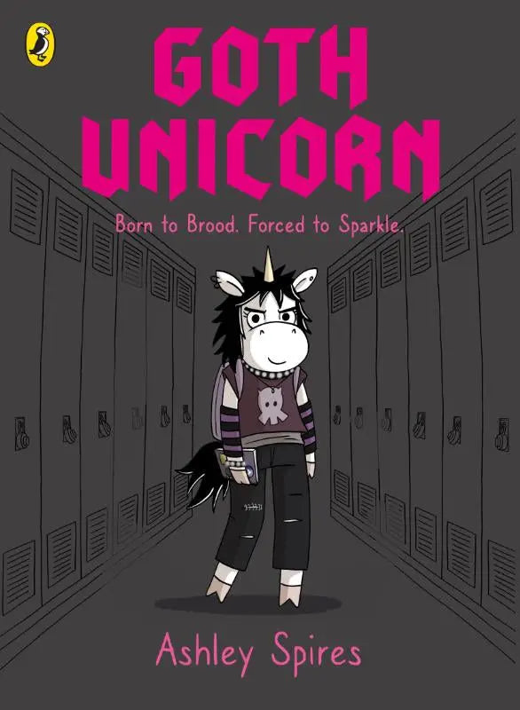 Boekomslag van goth unicorn van ashley spires met cartoon unicorn met zwart haar en bril in een schoolgang