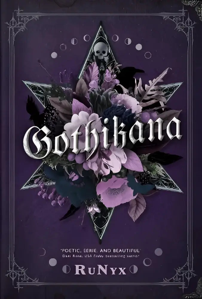 Paars boekomslag met gotisch bloemmotief, zwarte veren en schedel, omlijst door een pentagram voor academia gothic romans