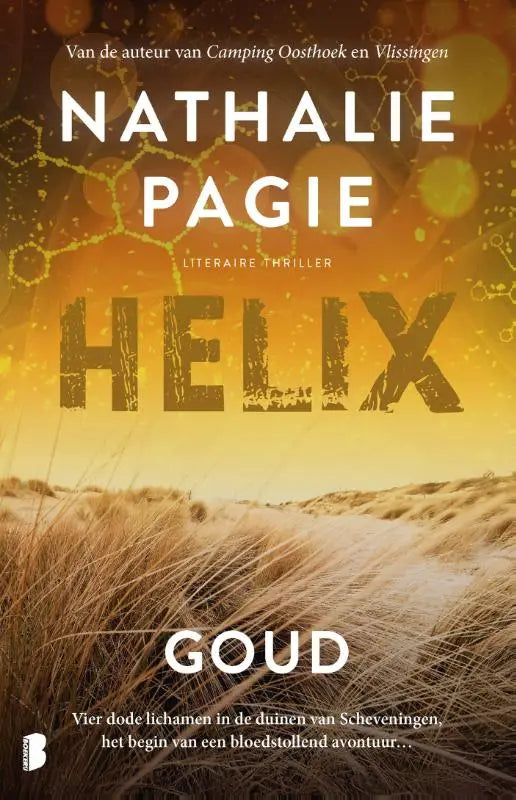 De boekcover toont het titel helix in zwarte letters tegen een warme goudgeel verloop achtergrond met moleculaire patronen