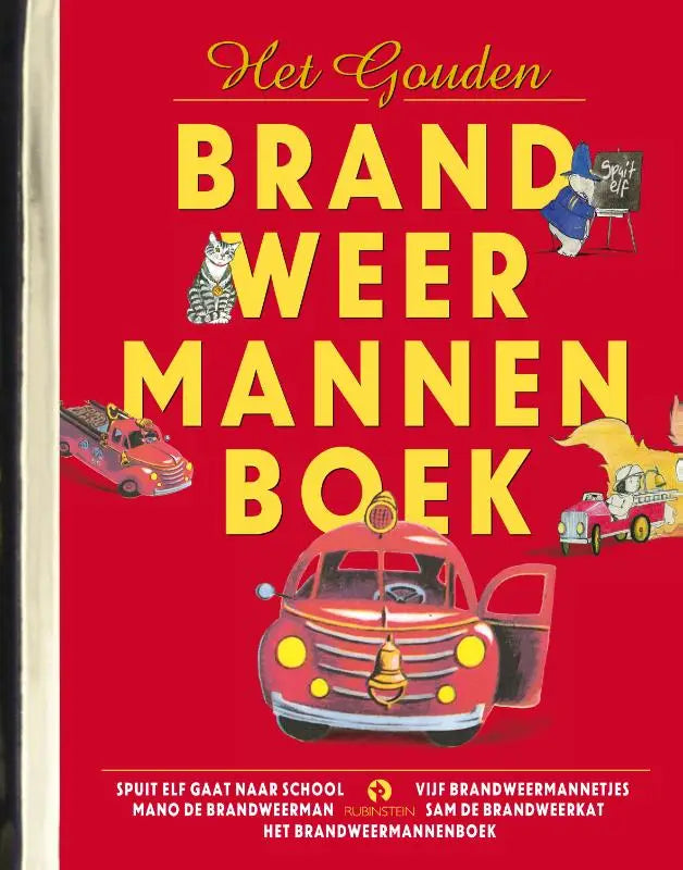 Rood geïllustreerd gouden brandweermannenboek met vintage brandweerwagen en kat in brandweeruitrusting voor jonge lezers