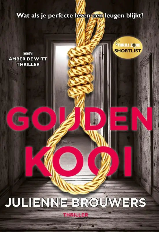 Een gouden kooi literaire thriller afbeelding van een gouden touwnoose met gedraaide textuur tegen donkere achtergrond